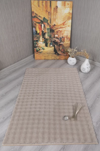 Dekoratif Bubble Uzun Tüylü Yumuşak Puffy Peluş Kaymaz Yıkanabilir Salon Koridor Halı Yolluk Bej - 2