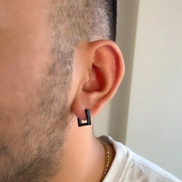 Çelik Halka Küpe Siyah Kare Unisex Küpe UNK-662 - Resim 2
