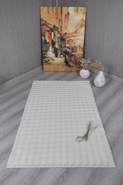 Dekoratif Bubble Uzun Tüylü Yumuşak Puffy Peluş Kaymaz Yıkanabilir Salon Koridor Halı Yolluk Krem - 2