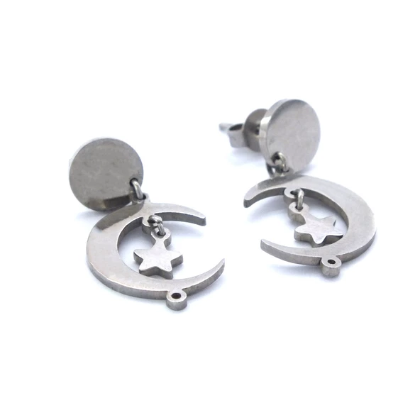 Çelik Sallantılı Küpe Ay Yıldız Detaylı Küpe UNK-661 - Resim 4