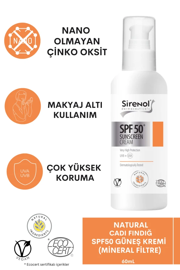 Sirenol Natural Cadı Fındığı SPF50 Güneş Kremi (Mineral Filtre) 60 mL