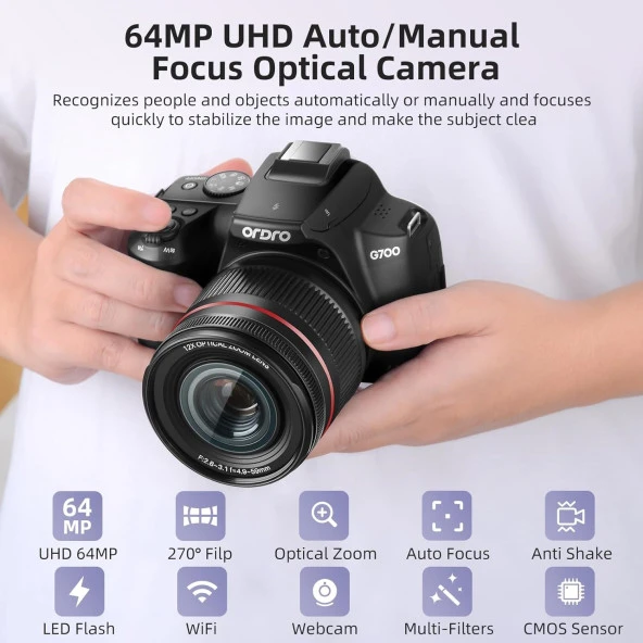 ORDRO 4K 64MP Vlog Kamerası, 12X Optik Zoom - Fotoğrafçılık Otomatik Odakla - 2