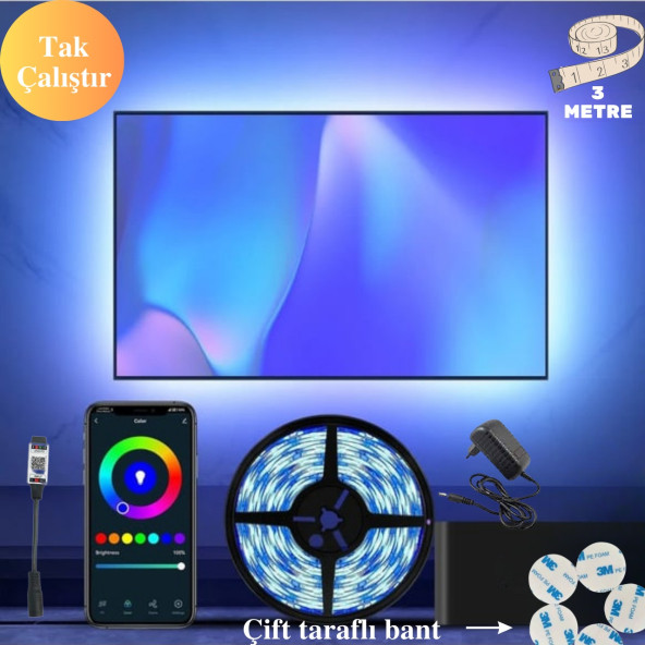 neeko Telefon Kontrollü Tv Arkası Yatak Odası Çocuk Odası Mutfak Rgb Şerit Led Tak Çalıştır 3 Metre