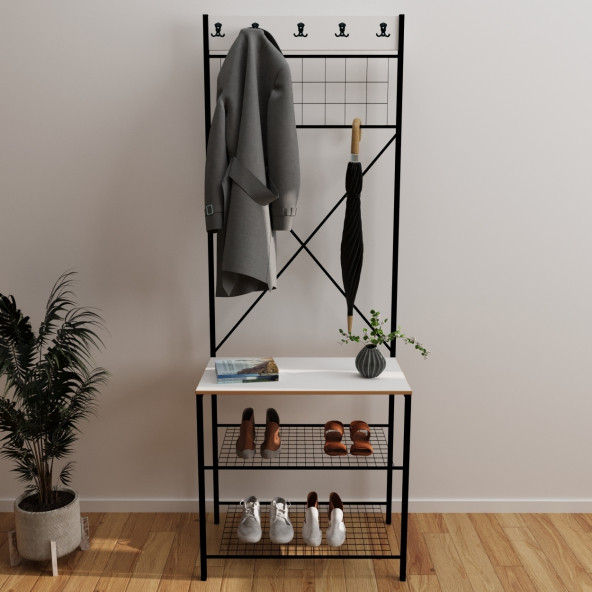 Eportatif Dar Metal Portmanto, Elbise Askılığı, Vestiyer, Ayakkabılık Beyaz 1359