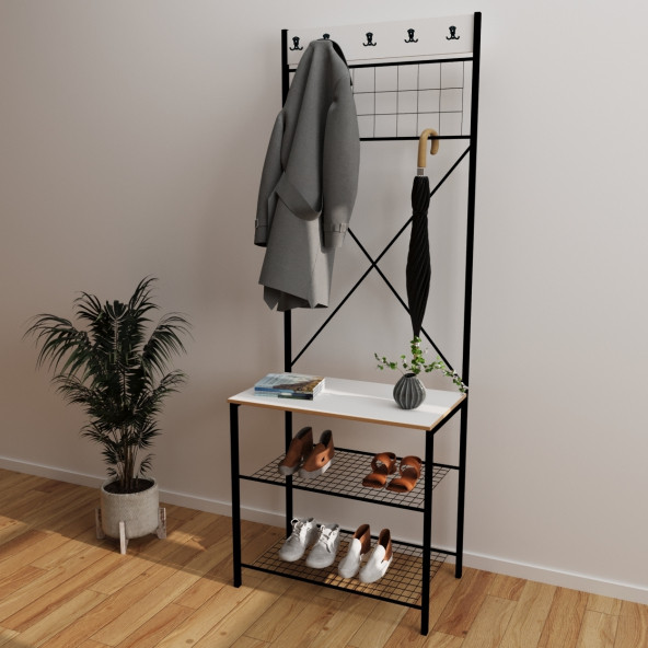 Eportatif Dar Metal Portmanto, Elbise Askılığı, Vestiyer, Ayakkabılık Beyaz 1359 - 2