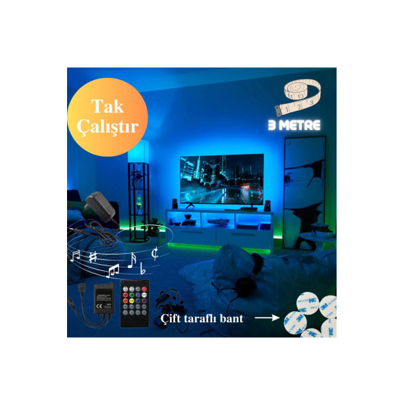 neeko Sese Ve Müziğe Duyarlı Tv Arkası Yatak Odası Çocuk Odası Mutfak Rgb Şerit Led Tak Çalıştır 3 Metre