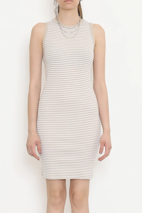 Halter Yaka Çizgili Elbise Bej - 11019.1567. - 1