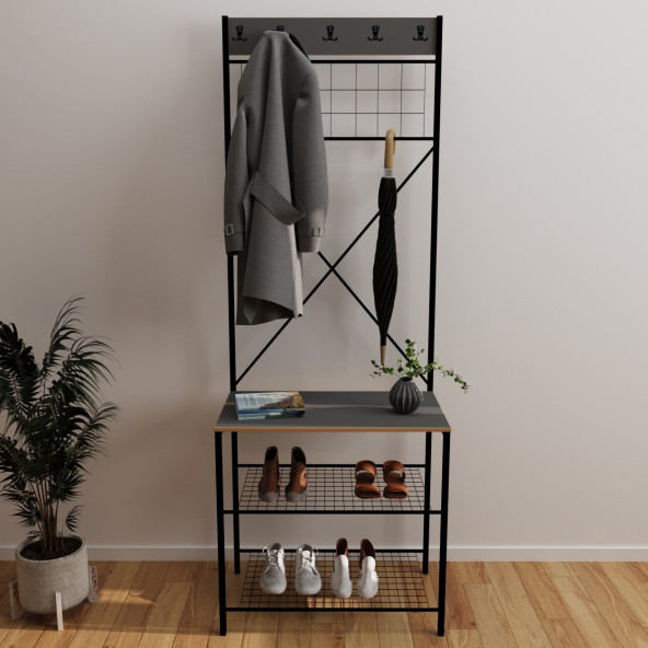 Eportatif Dar Metal Portmanto, Elbise Askılığı, Vestiyer, Ayakkabılık Füme 1360