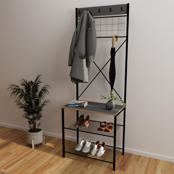 Eportatif Dar Metal Portmanto, Elbise Askılığı, Vestiyer, Ayakkabılık Füme 1360 - 2