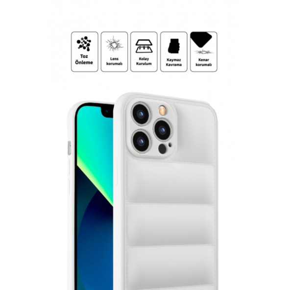 Apple İphone 13 PRO Uyumlu Puffer Silikon Kılıf Kamera Koruma Lens Korumalı Parlak Telefon Kılıfı BEYAZ - 5