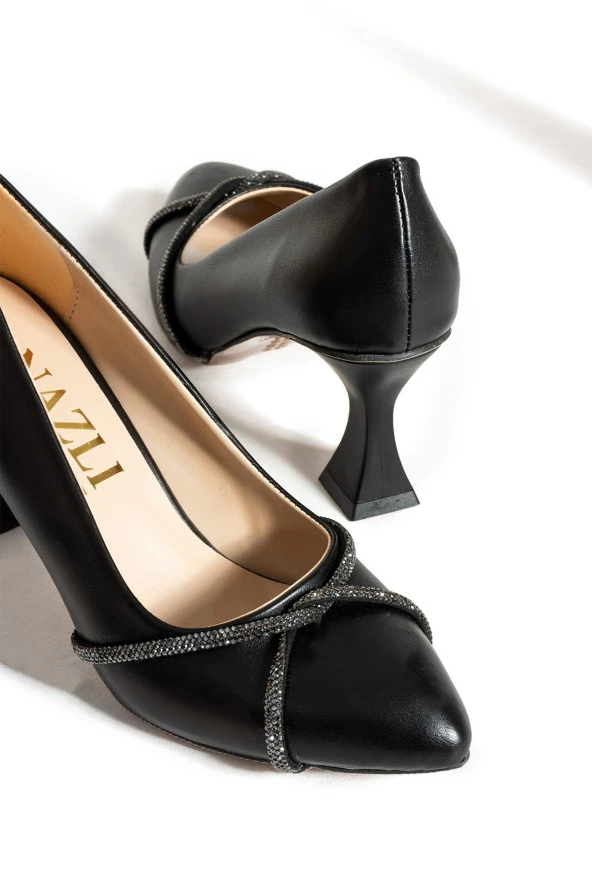 Albishoes Kadın Şampanya Topuk Stiletto Çapraz Taşlı 7 cm Günlük Kadın Abiye Topuklu Ayakkabı - 5