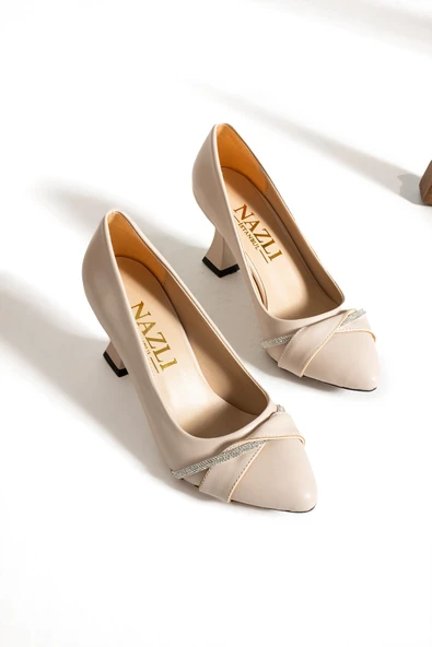 Albishoes Kadın Şampanya Topuk Stiletto Şerit Taşlı 7 cm Günlük Kadın Abiye Topuklu Ayakkabı - 5
