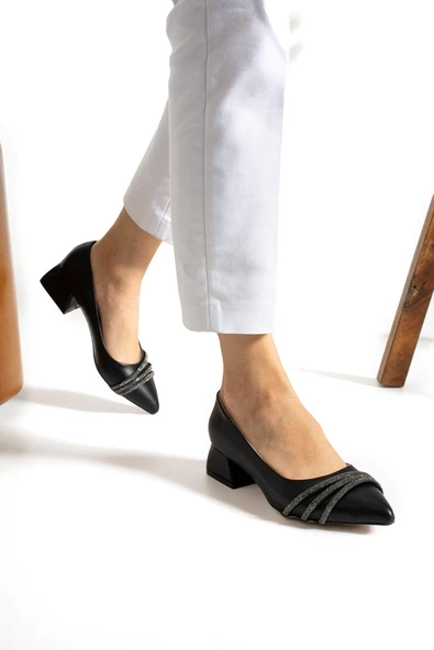 Albishoes Kadın Alçak Topuk 4 cm Sivri Burun Şeritli Taşlı Abiye Kadın Kare Topuklu Ayakkabı (36-44) - 2
