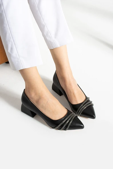 Albishoes Kadın Alçak Topuk 4 cm Sivri Burun Şeritli Taşlı Abiye Kadın Kare Topuklu Ayakkabı (36-44)