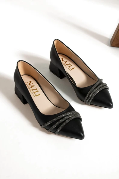 Albishoes Kadın Alçak Topuk 4 cm Sivri Burun Şeritli Taşlı Abiye Kadın Kare Topuklu Ayakkabı (36-44) - 5