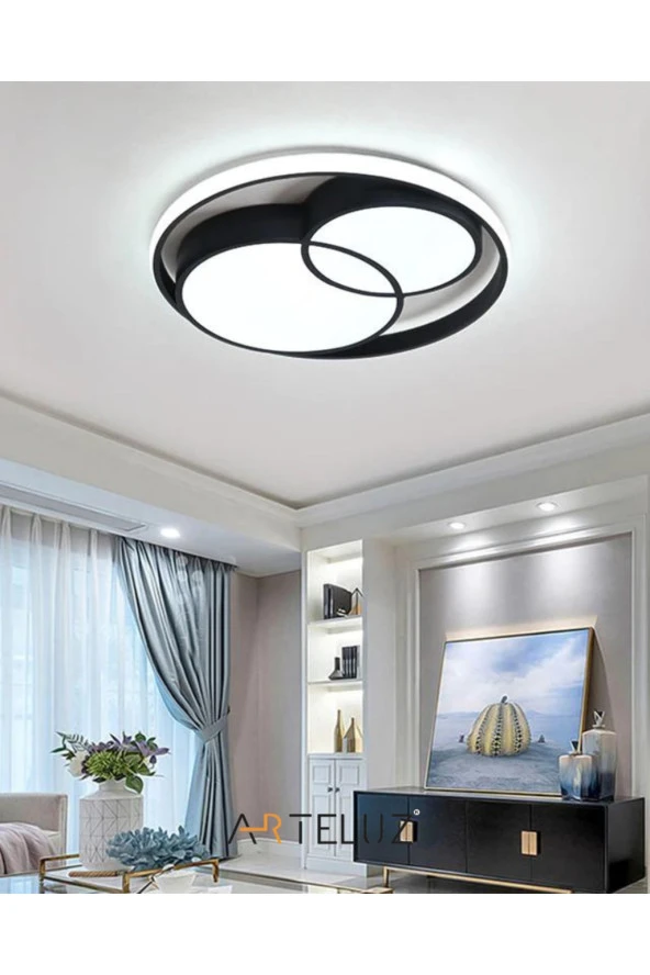 ARTELUZ Modern Çift Yuvarlak Model Plafonyer Led Avize Tavan Model 3 Renk Avize Salon Led Lambası Kumandalı