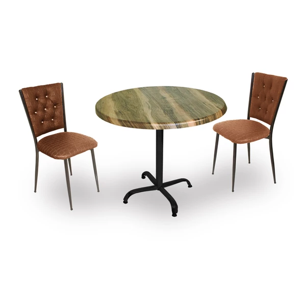 Indigo Werzalit Yuvarlak - Kapitoneli 2li Masa Takımı (90 cm çap) - Indiana Wood Kahve