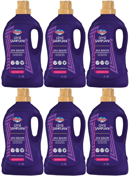 Bingo Giysi Şampuanı 3LT Arındırıcı Etki 6 Lı Set (300 Yıkama) Tüm Çamaşırlar İçin