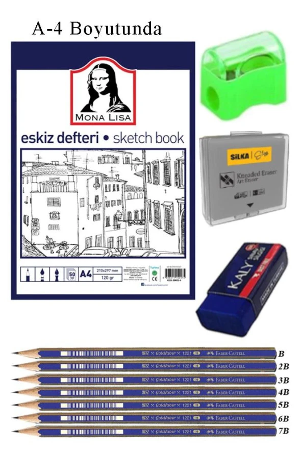 Eskiz Defteri A4 50 Yaprak Karakalem Çizim Seti Hamur Silgi Faber Castell Dereceli Kalem Hobi Tasarım Seti