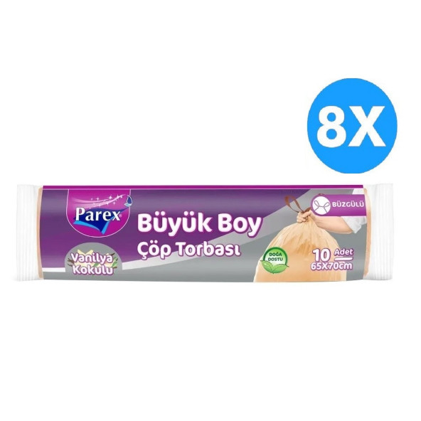 Parex Çöp Torbası Büzgülü Vanilya Kokulu 10 Adet Büyük Boy 65 X 70 Cm x 8 Paket