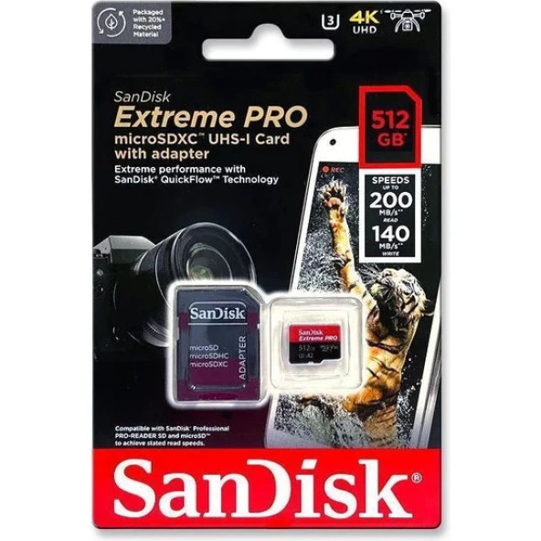 SanDisk Extreme Pro SDSQXCZ-512G-GN6MA Class 10 UHS-I U3 A2 V30 512 GB Micro SD Kart