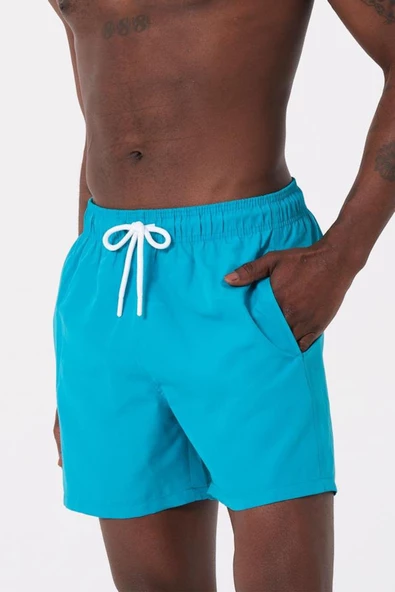 Turkuaz Su İtici Özellikli Düz Renk Basic Erkek Plaj Deniz Şort Mayo - DG300-Turkuaz - Resim 3