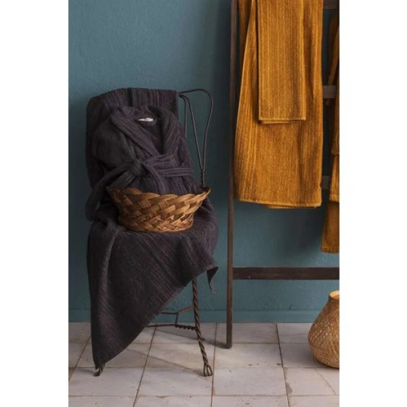 Apricitas Home Timeless Antrasit-Safran %100 Pamuk 6 Parça Aile Bornoz Seti - 2