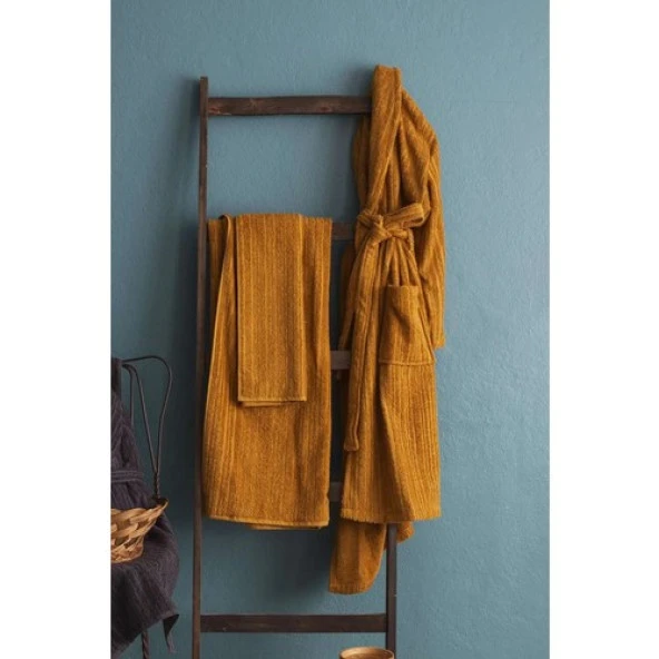 Apricitas Home Timeless Antrasit-Safran %100 Pamuk 6 Parça Aile Bornoz Seti - 3