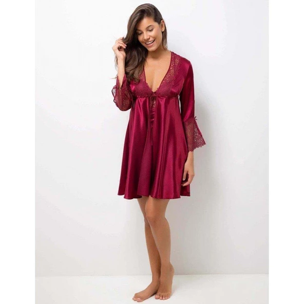 PİERRE CARDİN 6625 Bordo Kısa Gecelikli Saten 6 Lı Çeyiz Seti - Resim 3