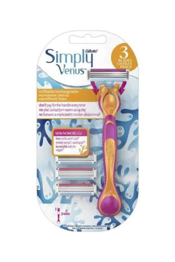 Gillette Venus Gillette Venüs simply Venus3 Tıraş Makinesi 3 Yedek Tıraş Bıçağı