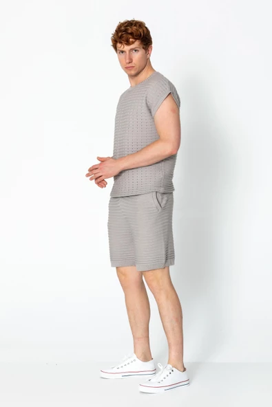 Erkek Rahat Bisiklet Yaka Dantel Kabartma Dokulu Triko T-Shirt ve Şort Takım - 9