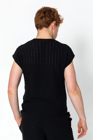 Erkek Rahat Bisiklet Yaka Dantel Kabartma Dokulu Triko T-Shirt ve Şort Takım - 6