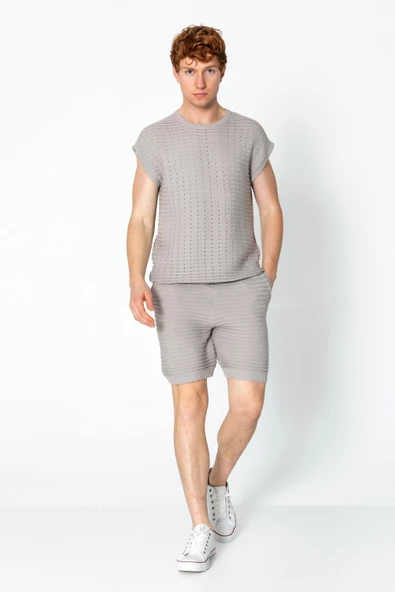 Erkek Rahat Bisiklet Yaka Dantel Kabartma Dokulu Triko T-Shirt ve Şort Takım - 7