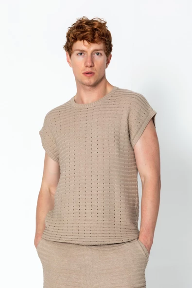 Erkek Rahat Bisiklet Yaka Dantel Kabartma Dokulu Triko T-Shirt ve Şort Takım - 12