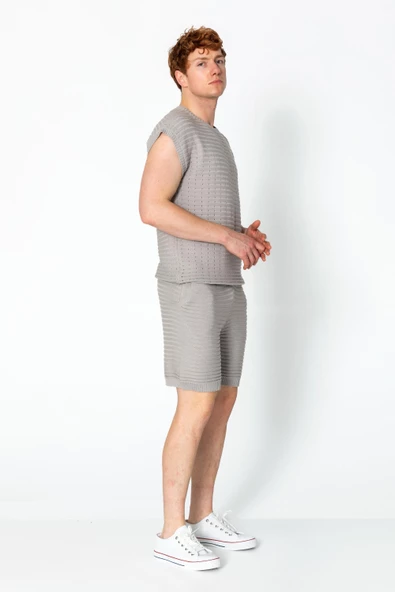 Erkek Rahat Bisiklet Yaka Dantel Kabartma Dokulu Triko T-Shirt ve Şort Takım - 10