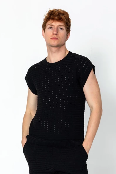 Erkek Rahat Bisiklet Yaka Dantel Kabartma Dokulu Triko T-Shirt ve Şort Takım