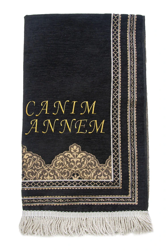 Kişiye Özel Anneler Günü Hediyesi İsim Nakışlı Şönil Seccade Siyah - Resim 3