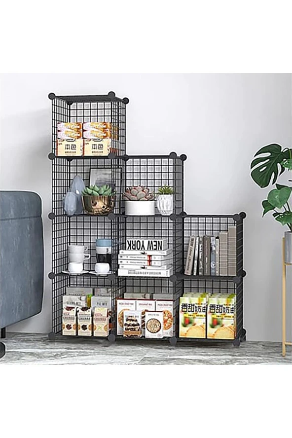 9 Bölmeli Tel Küp Çok Amaçlı Organizer Raf Siyah 33cm Mutfak, Oyuncak, Kiler, Depolama Rafı