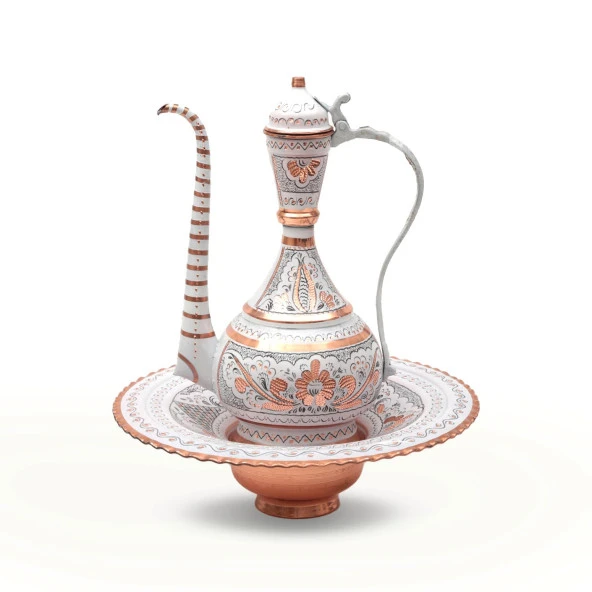 Dekor Amaçlı Erzincan El İşlemeli Bakır Osmanlı Leğenli İbrik Beyaz