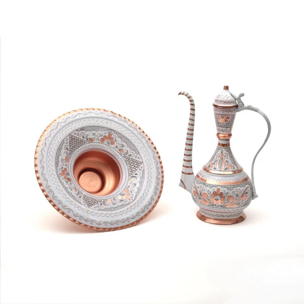 Dekor Amaçlı Erzincan El İşlemeli Bakır Osmanlı Leğenli İbrik Beyaz - 3