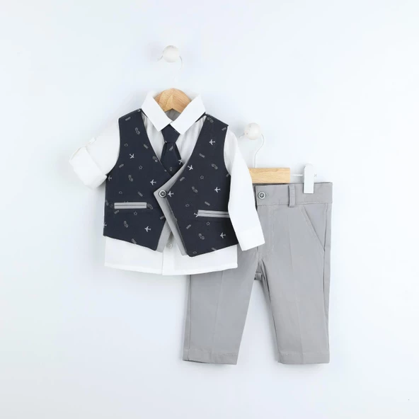 Babyhola 4'lü Kravatlı Yelek Gömlek Pantolon Erkek Bebek Çocuk Bayramlık Alt Üst Takım Elbise 15061 - 5