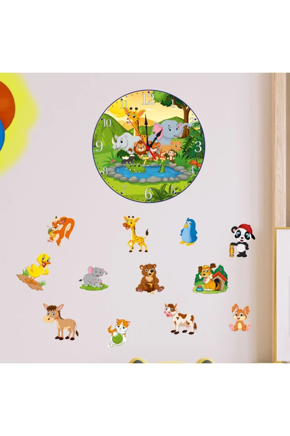 Çocuk Odası Duvar Saati Hayvanat Bahçesi Model Duvar Saati Ve Hayvan Temalı Duvar Süsleri - 2