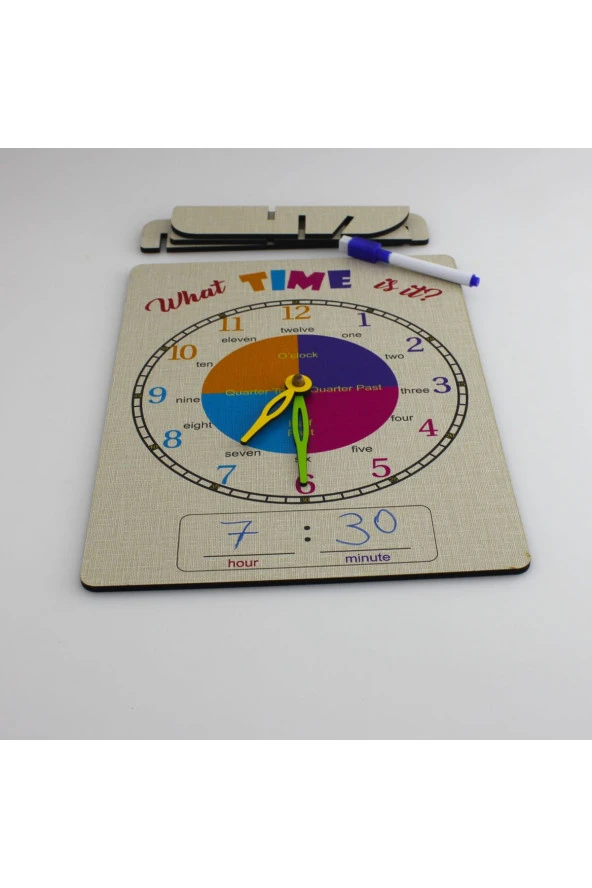 Saat Öğrenme Seti Ingilizce Yaz-sil Saat Eğitim Seti Ahşap Saat Öğrenme Standı - 4