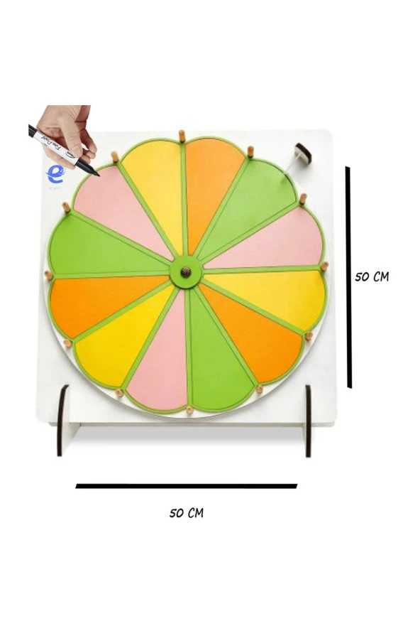 12 Bölmeli Çarkıfelek Oyunu 50 cm Çapında Karışık Renkli Yazılıp Silinebilen Eğitim Oyunu