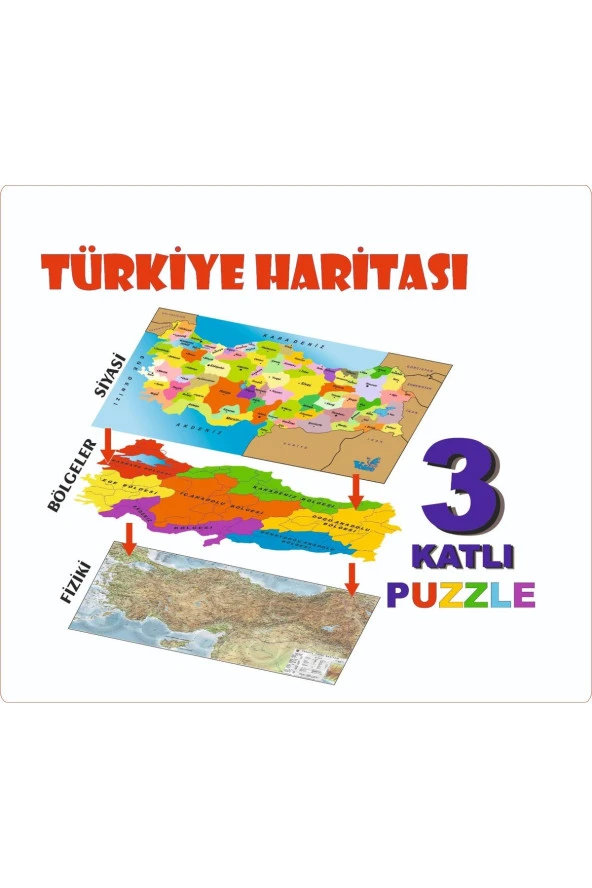 Ahşap 3 katlı Türkiye Haritası Puzzle Eğitici Ahşap Set Sök Tak Şehir/Bölgeler/Fiziki Puzzle Harita