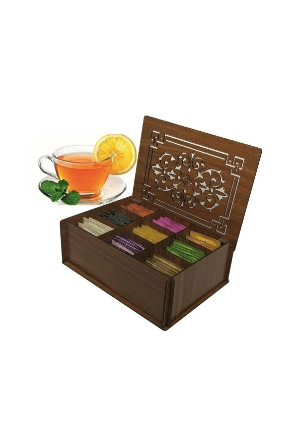 Ahşap Çay Kutusu 9 Bölmeli Kapaklı Poşet Bitki Çayı Saklama Kabı Tea Box ( 45 Çay Dahil)