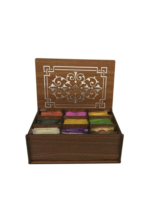 Ahşap Çay Kutusu 9 Bölmeli Kapaklı Poşet Bitki Çayı Saklama Kabı Tea Box ( 45 Çay Dahil) - 2