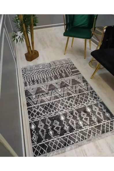 Kaymaz Leke Tutmaz Yıkanabilir Iskandinav Kilim Desenli Dot Taban Halı SİYAH-BEYAZ 80 x 150