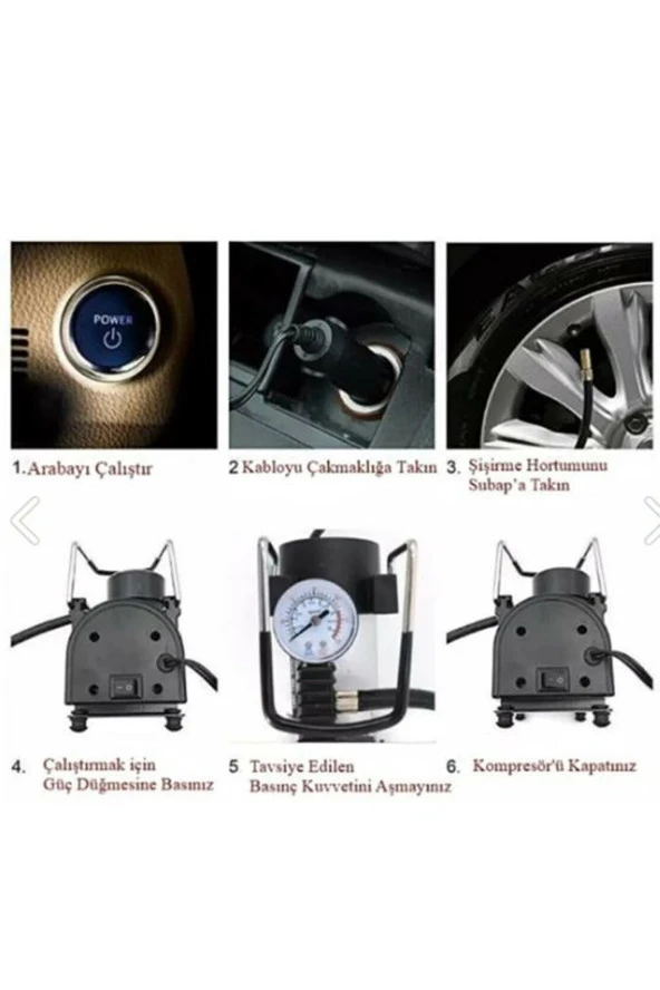 Araç Lastik Hava Kompresörü Metal Oto Hava Pompası Taşınabilir Pratik Lastik Şişirme Pompası 12 Volt - 4