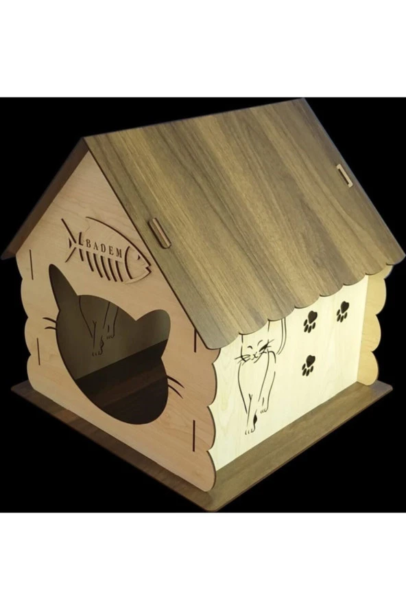 Ahşap Kedi Evi Yatağı Kulübesi Yuvası Ve Mama Su Kabı Evcil Hayvan Kedi Köpek Evi Yuvası - 5